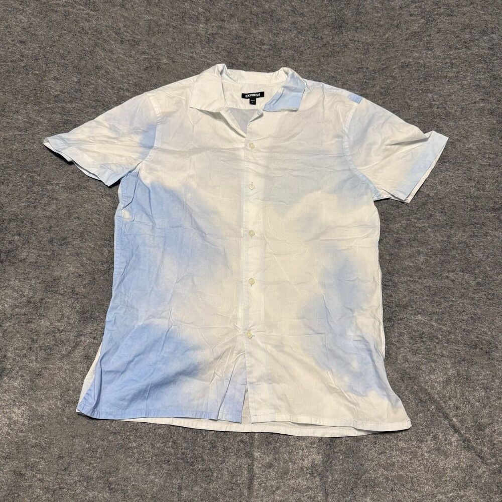Express Mens Shirt Size S White Blue Clouds Vacation Casual Comfort Camp